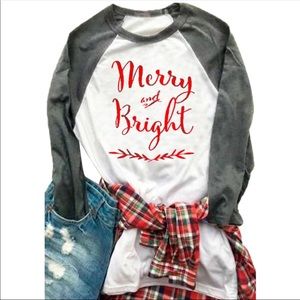 Merry & Bright Christmas baseball tee new